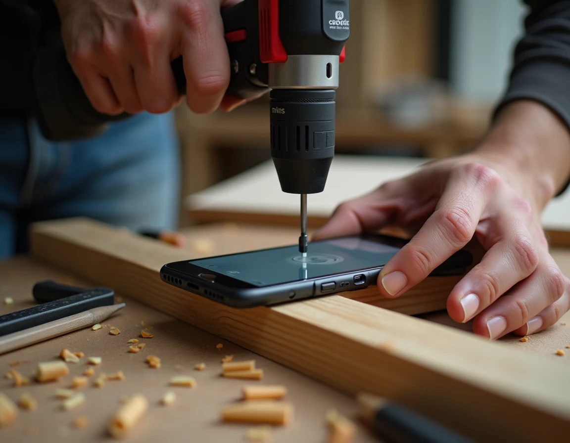 Gros plan sur des mains utilisant une perceuse sans fil en suivant un tutoriel de bricolage en ligne