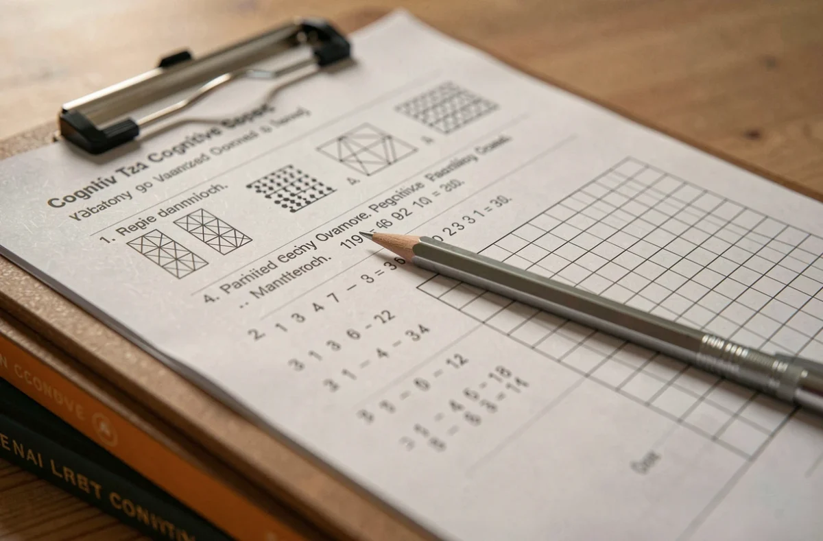 Gros plan d'un questionnaire de test de QI standardisé avec des séquences logiques et une grille de réponses sur un presse-papiers