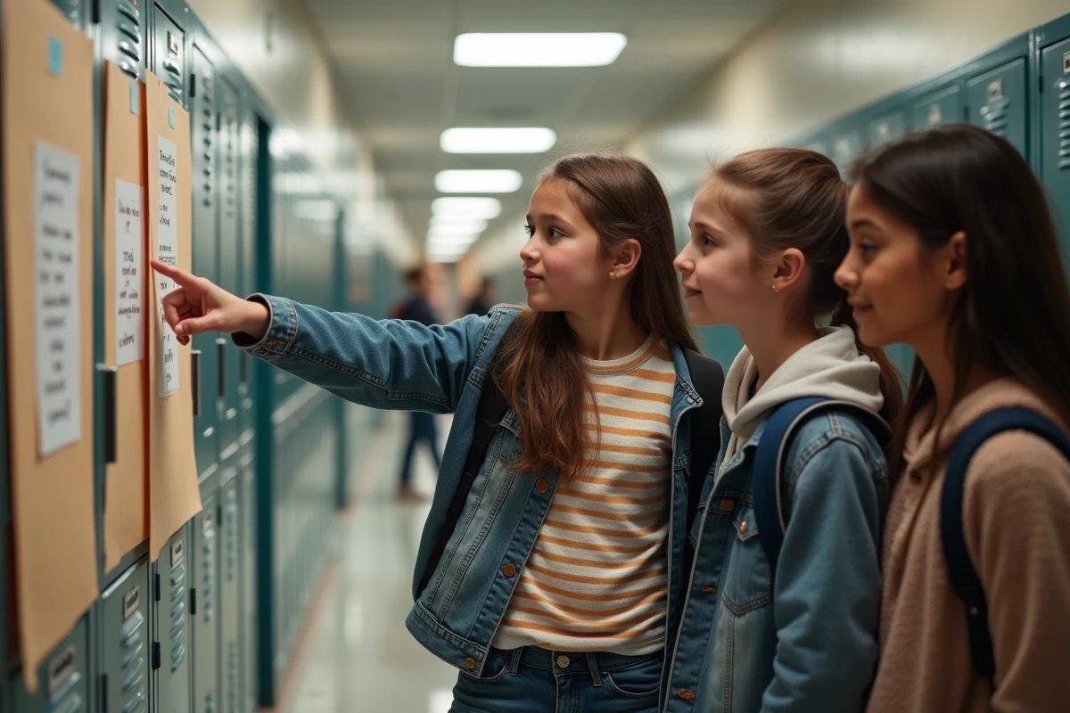 Groupe de collégiens discutant d'une affiche de campagne pour l'élection des délégués de classe dans un couloir scolaire