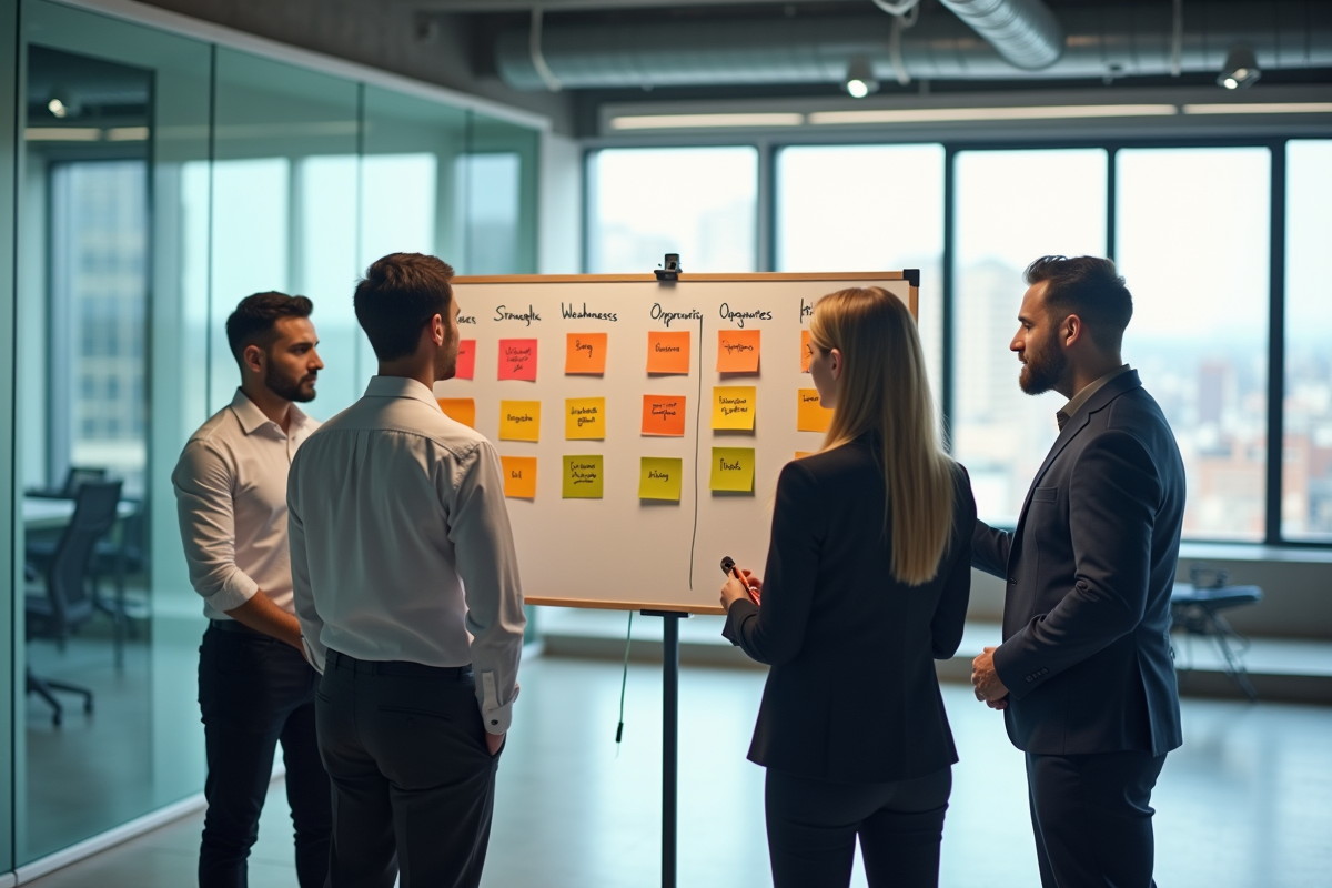 Groupe de professionnels discutant autour d