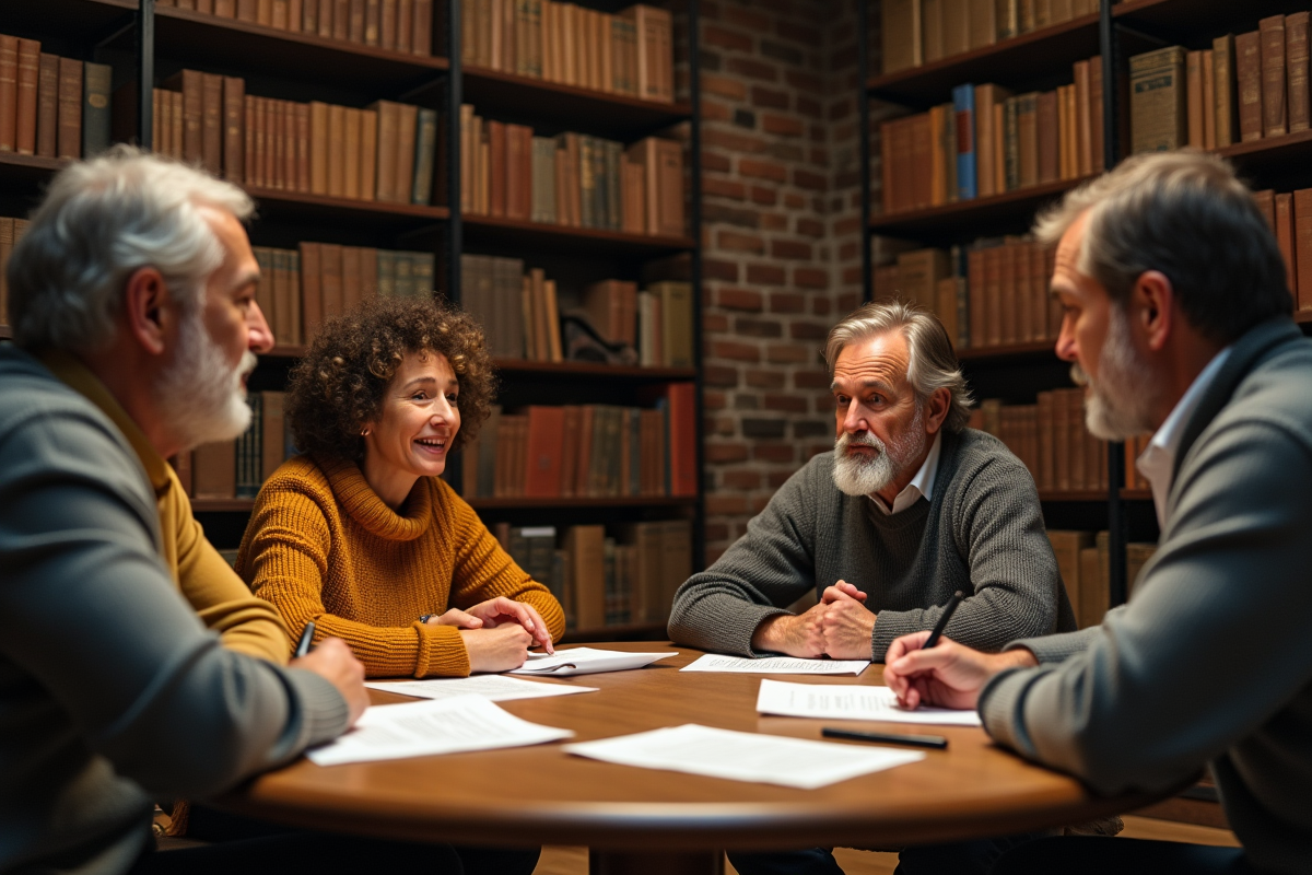 Groupe d adultes discutant autour d une table avec scripts
