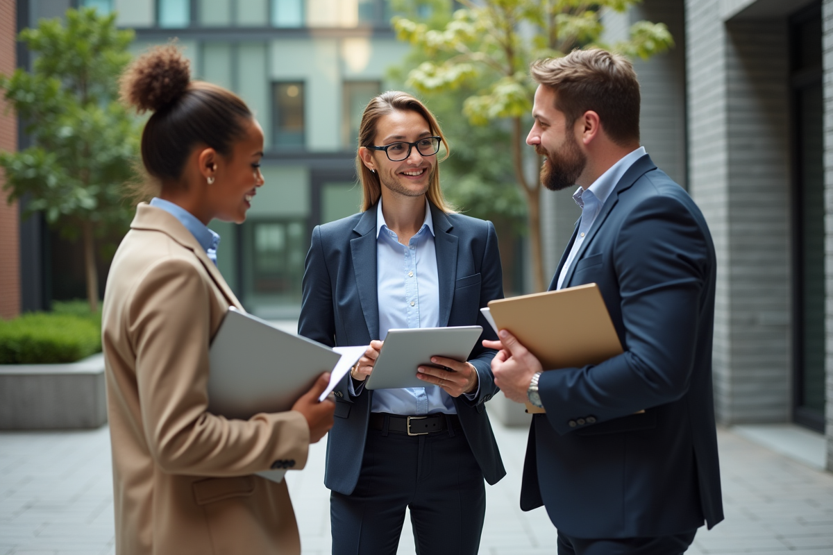 Groupe de trois professionnels discutant en extérieur urbain