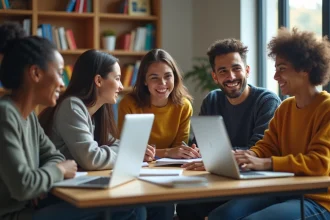 Jeunes adultes en groupe dans une salle moderne d'université