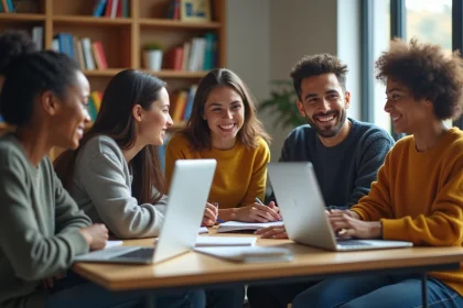 Jeunes adultes en groupe dans une salle moderne d'universit&eacute;