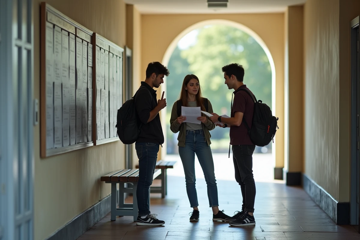 Trois &eacute;tudiants discutant pr&egrave;s d&rsquo;un panneau d&rsquo;affichage universitaire