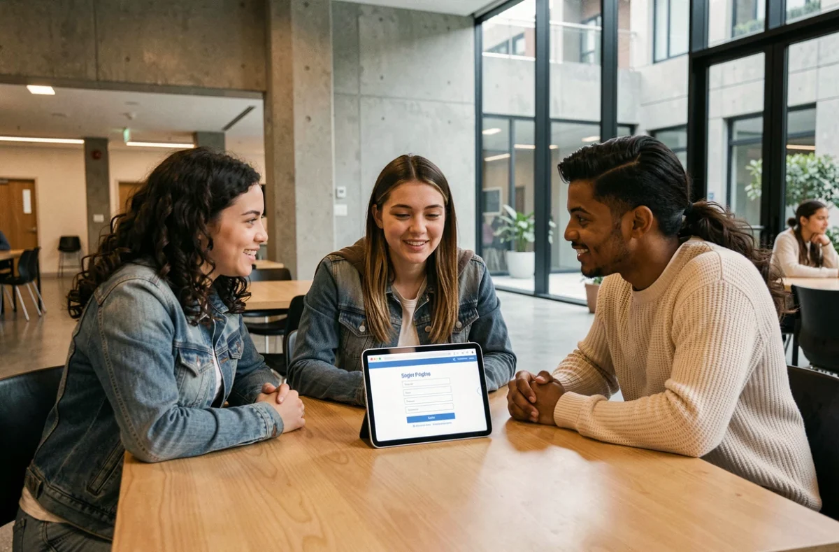 Groupe d'étudiants consultant la plateforme ECampus Poli sur une tablette dans un espace collaboratif universitaire