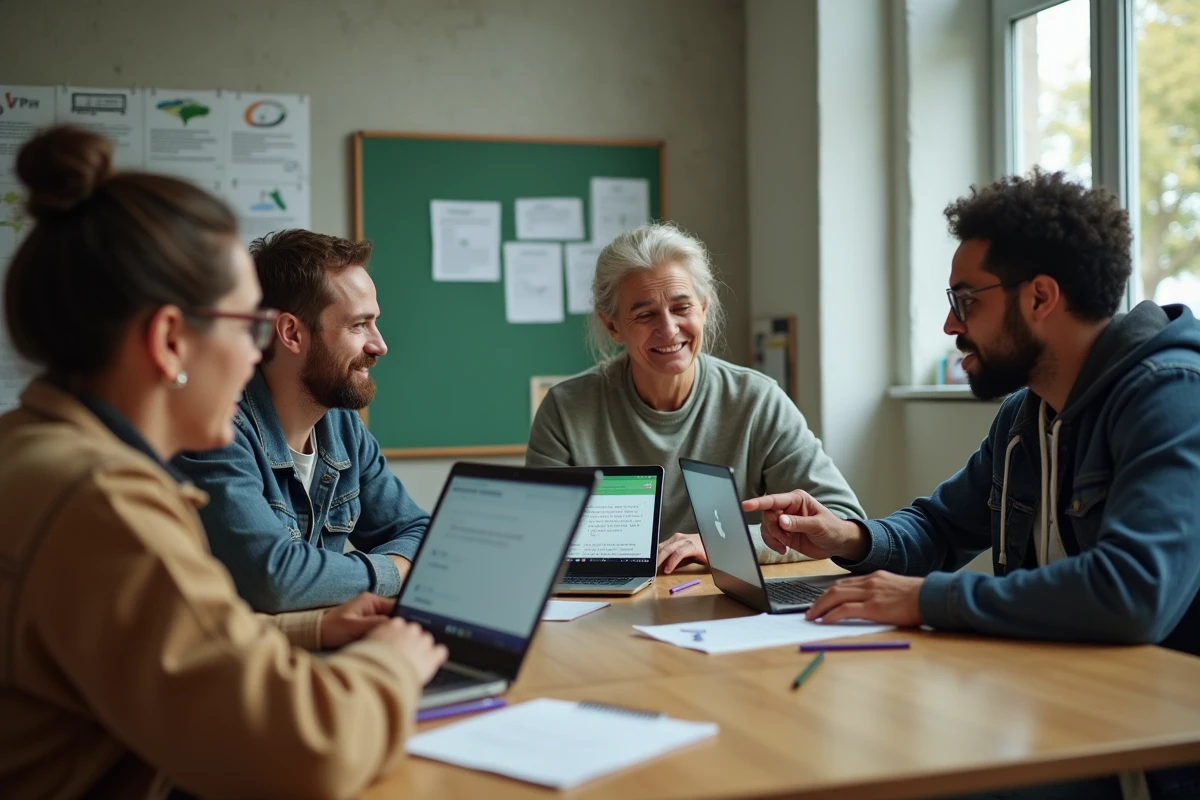 Groupe de participants adultes suivant une formation CPF en bricolage sur ordinateur dans un centre de formation professionnel