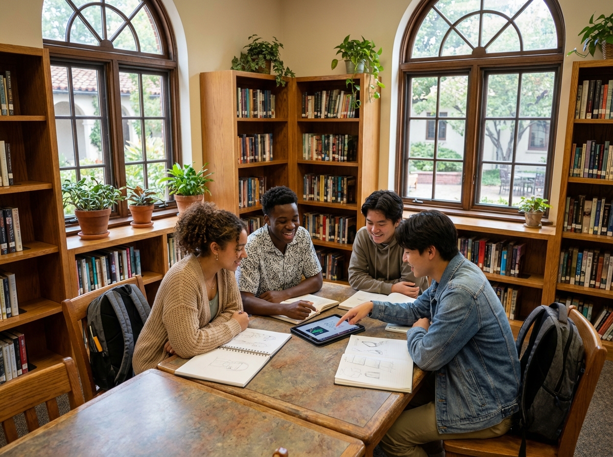 Groupe d &eacute;l&egrave;ves discutant dans une biblioth&egrave;que chaleureuse