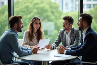 Groupe de quatre adultes en réunion dans un bureau moderne