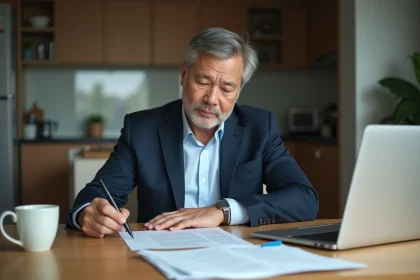 Homme d'affaires examinant des papiers CPF dans sa cuisine