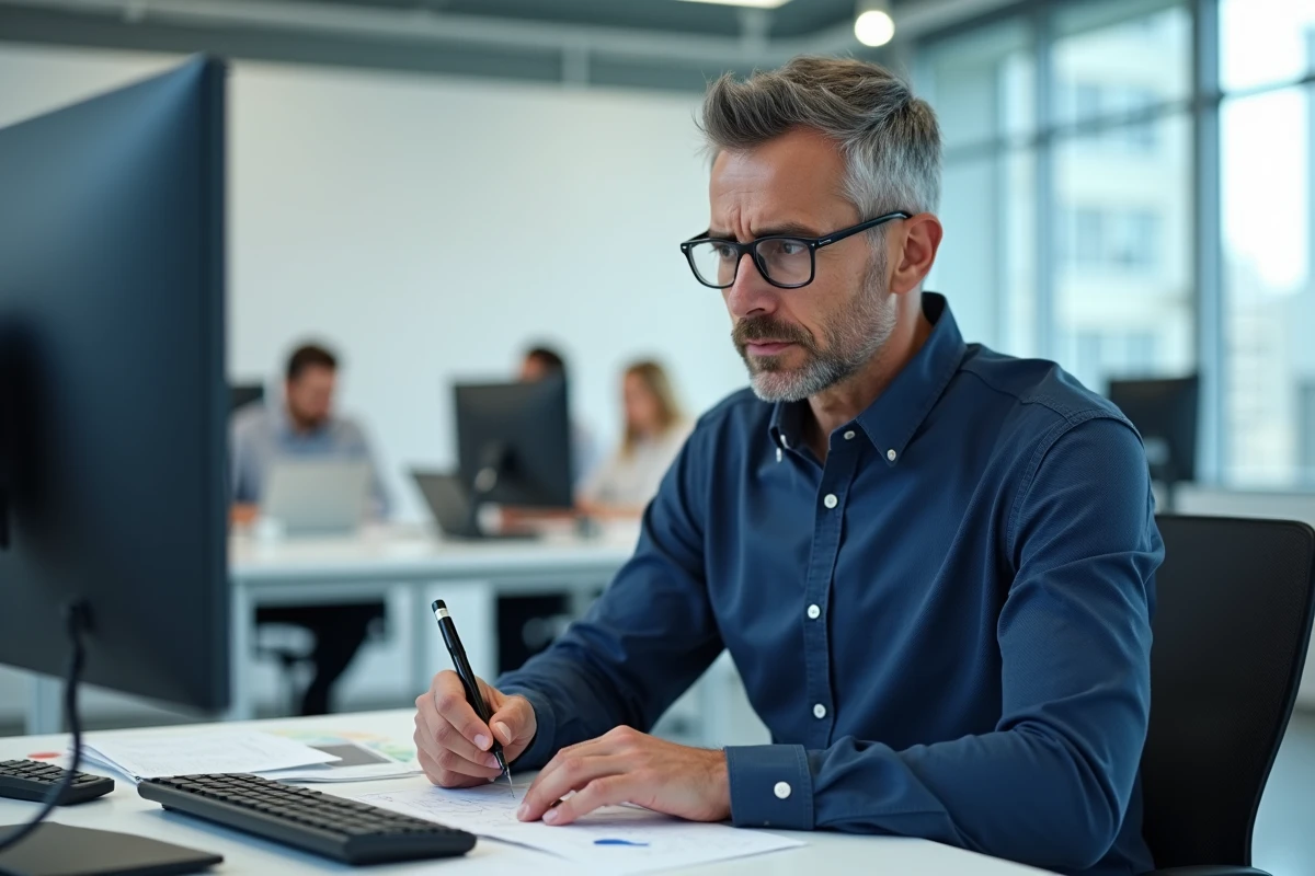 Homme analysant les résultats d'un test de QI en ligne avec des notes manuscrites dans un bureau moderne