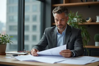 Homme d'affaires en bureau examinant des plans techniques