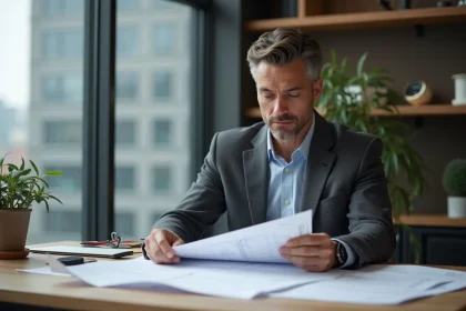 Homme d'affaires en bureau examinant des plans techniques