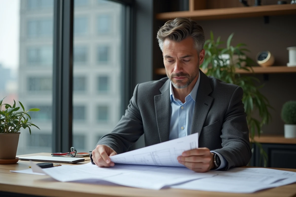 Homme d'affaires en bureau examinant des plans techniques