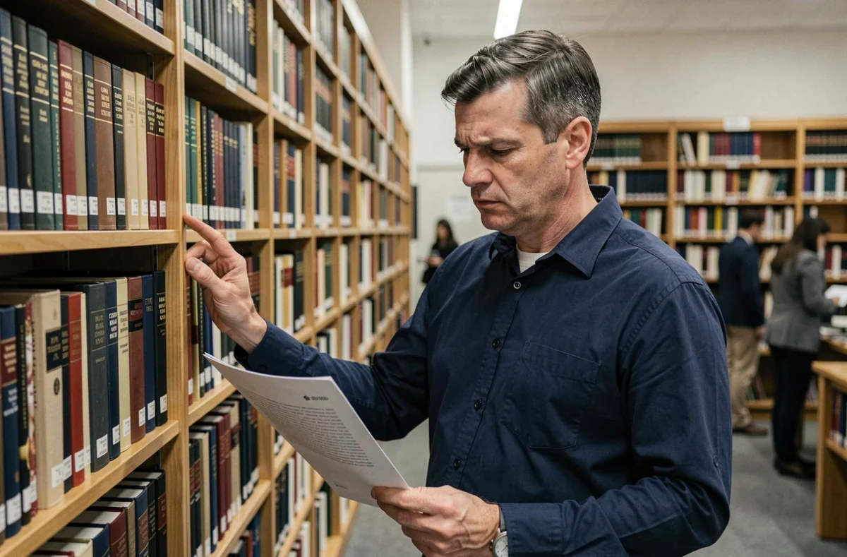 Homme cherchant un équivalent usuel dans les rayons d'une bibliothèque publique parmi des ouvrages de référence