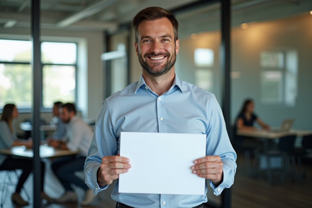 Homme souriant tenant un certificat dans un centre de formation