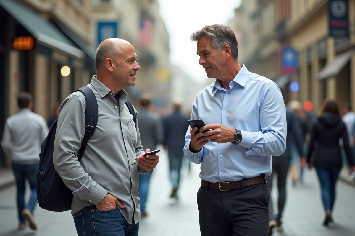 Homme discutant avec un partenaire de langue en ville