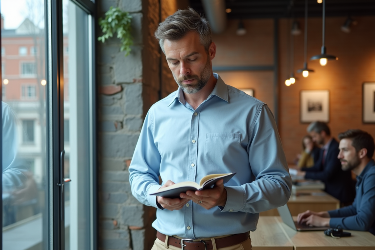 Homme en coworking prend des notes à la fenêtre