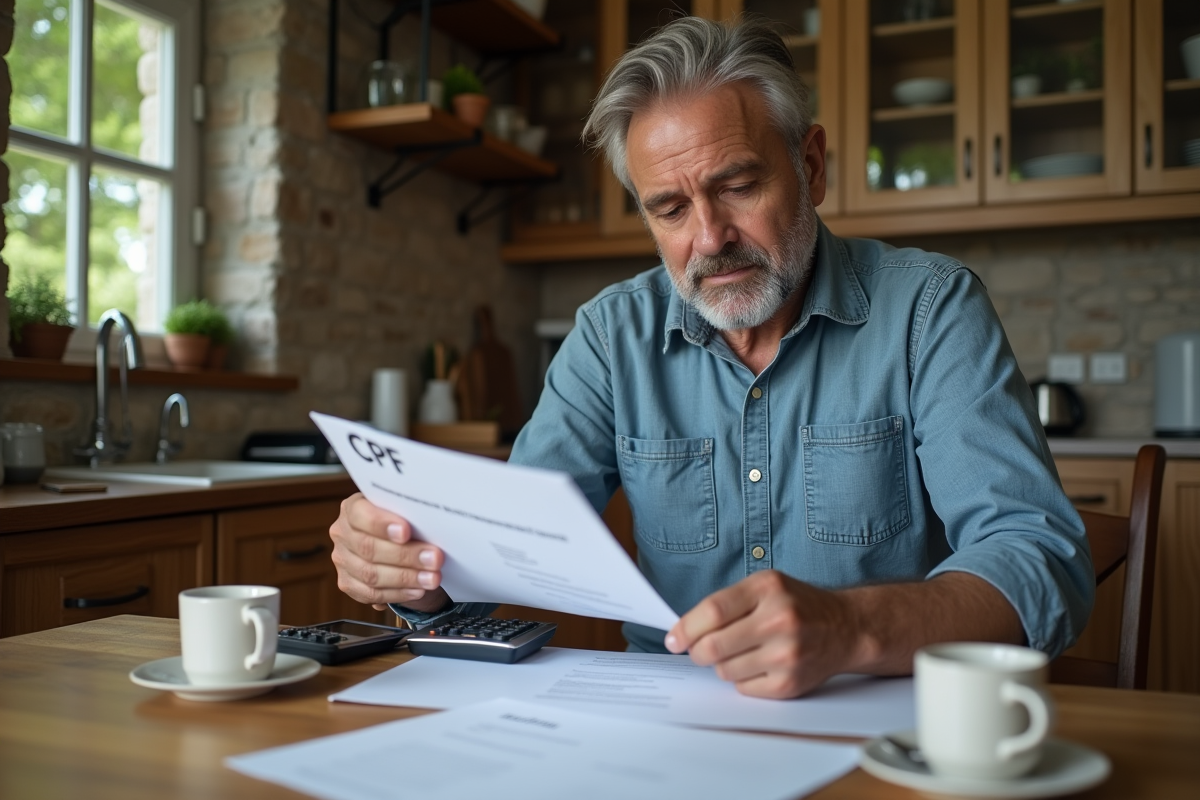 Homme à la maison examinant des documents CPF