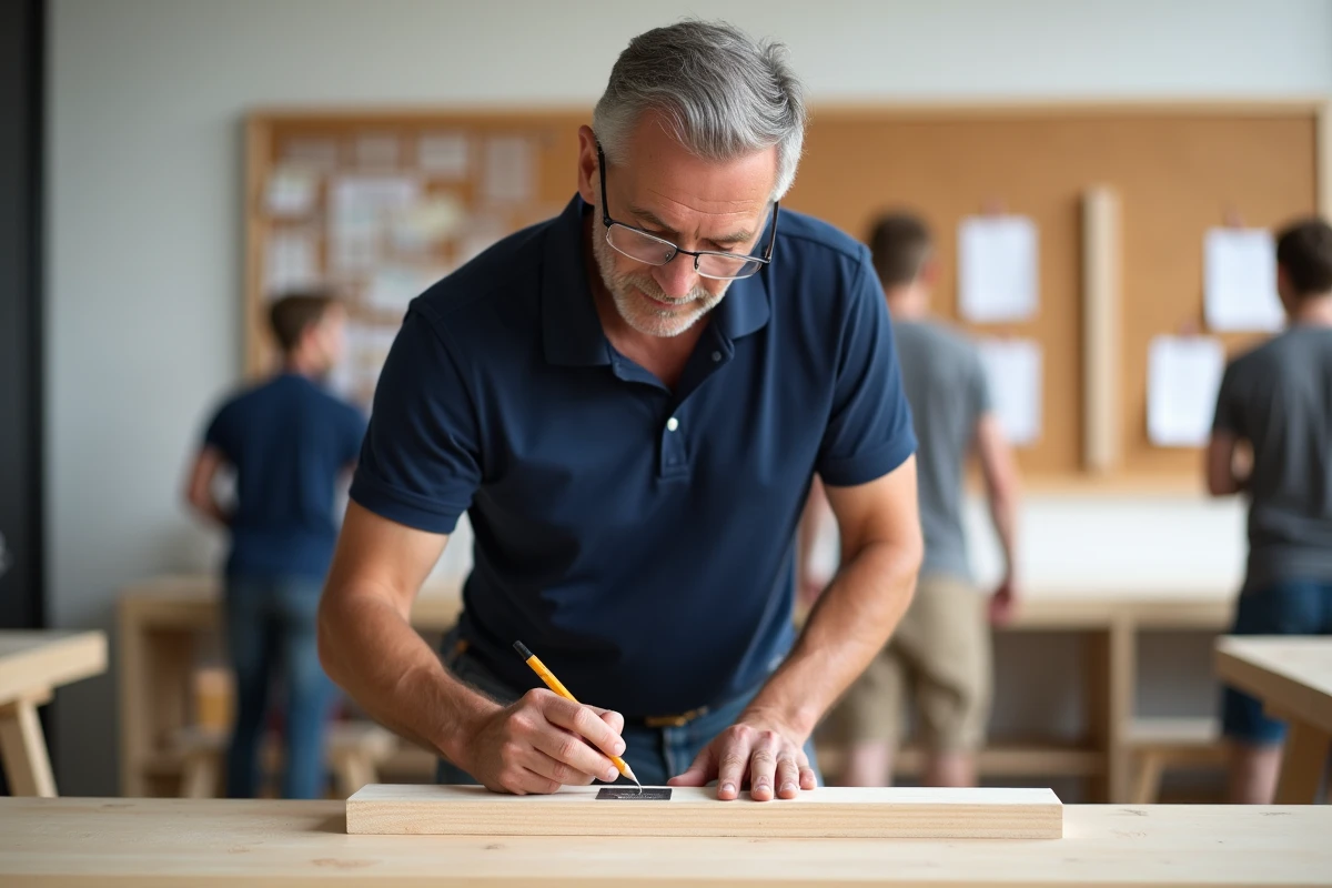 Homme adulte débutant en bricolage mesurant une planche en bois lors d'une formation dans un atelier communautaire