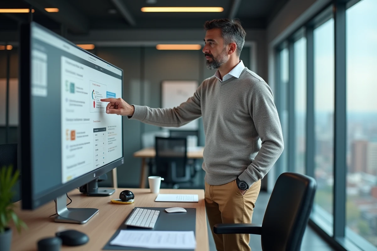 Homme en discussion avec écran de CMS dans un bureau moderne