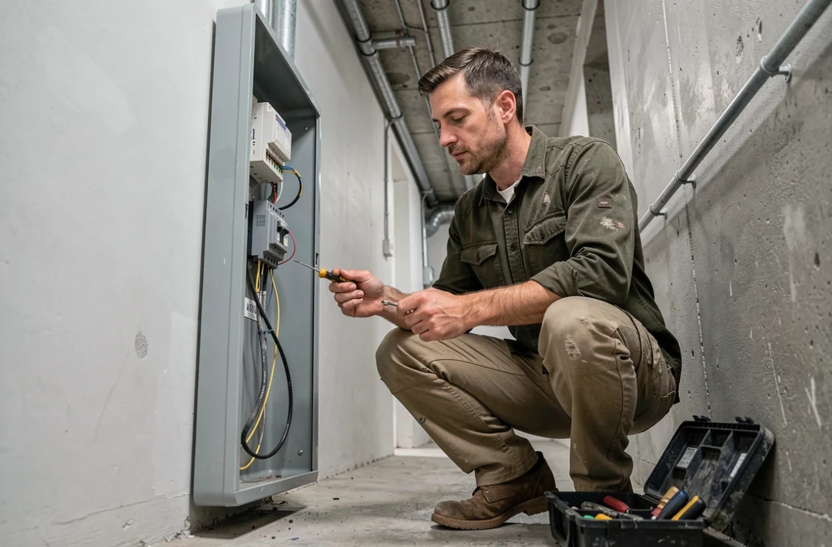 Homme électricien autodidacte en reconversion travaillant sans diplôme dans un couloir technique résidentiel