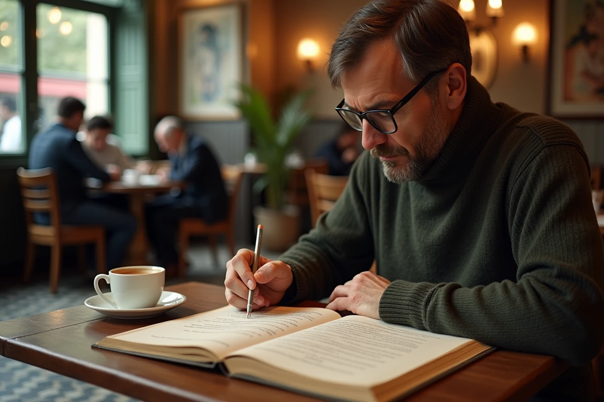 Homme étudiant la structure d'un sonnet et d'une strophe dans un café parisien avec un carnet et une anthologie poétique