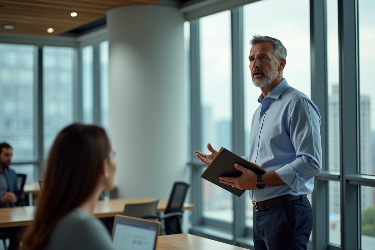 Homme formateur en entreprise parlant à un groupe