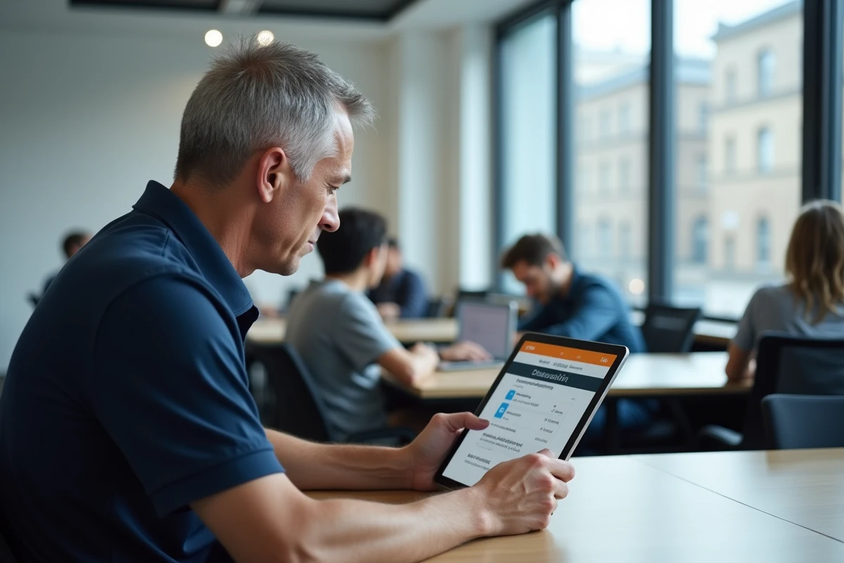 Homme adulte utilisant une tablette pour accéder à la plateforme Moodle GRETA dans un espace de coworking
