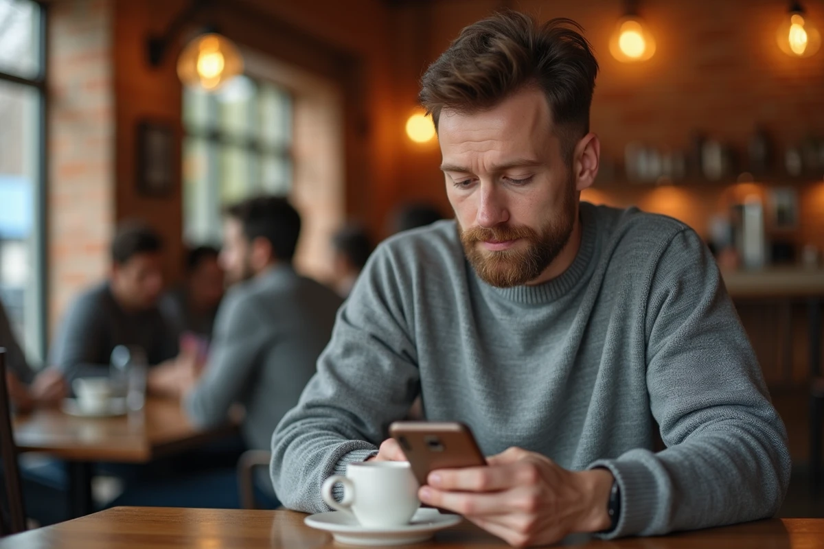 Homme lisant des emails engageants sur smartphone dans un café, illustration d'une communauté abonnée active