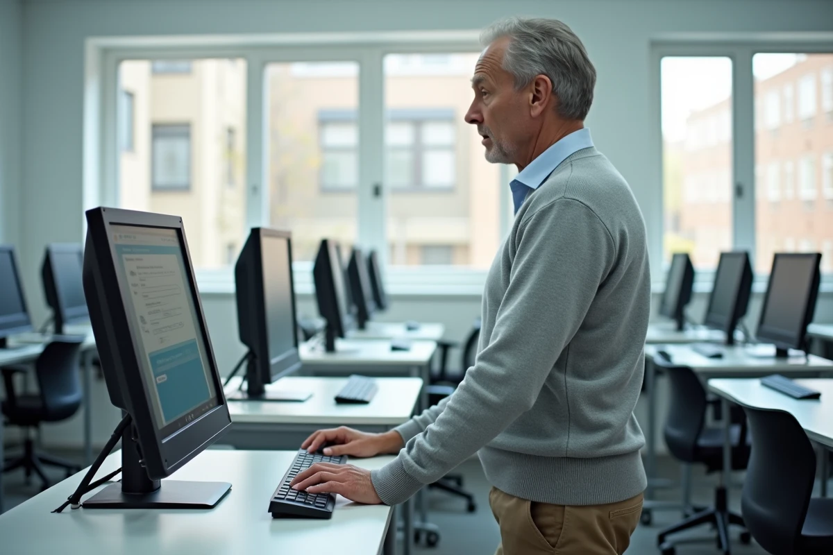 Homme en salle informatique regardant un &eacute;cran avec frustration