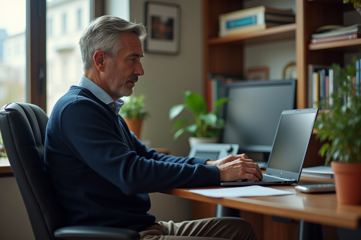 Homme d age moyen concentré sur sa formation en ligne