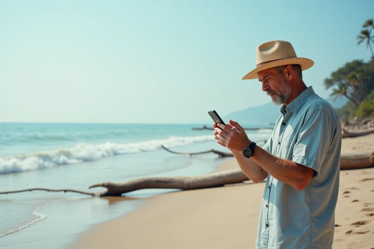 Homme sur la plage prenant une photo avec son smartphone