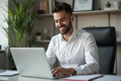 Homme confiant travaillant sur son portfolio num&eacute;rique