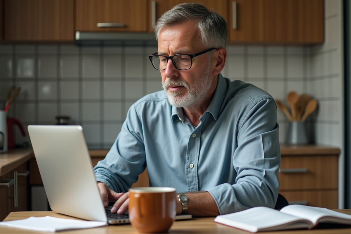 Homme pratiquant espagnol à la cuisine avec ordinateur portable