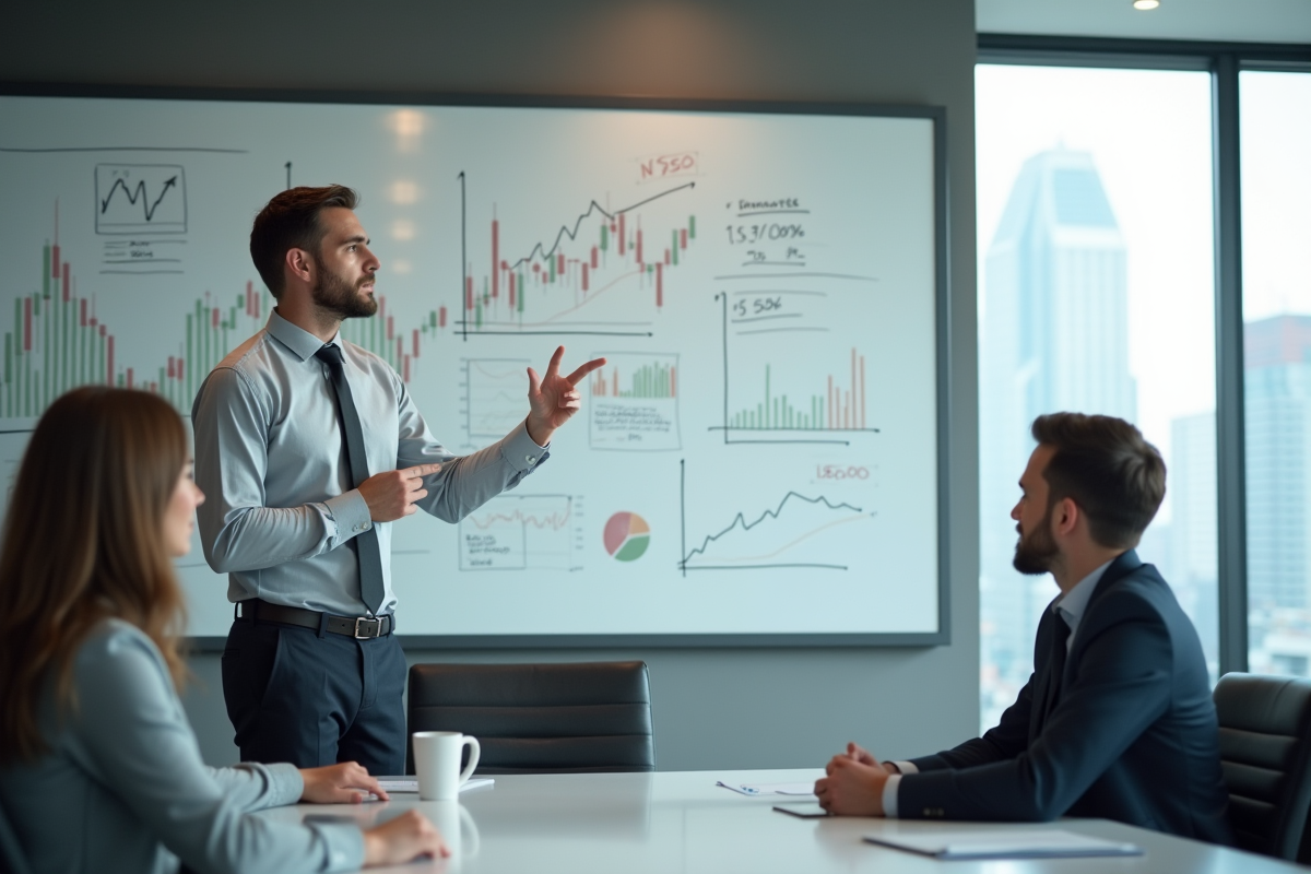 Homme en réunion expliquant des graphiques financiers