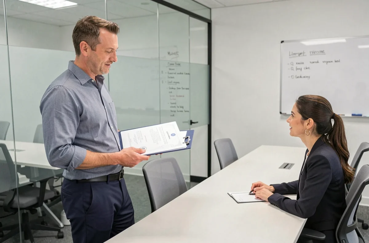 Homme en reconversion professionnelle consultant un conseiller en carrière sur les différences entre titres et diplômes