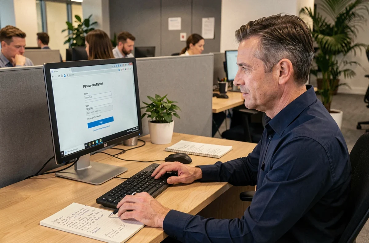 Homme en bureau professionnel remplissant un formulaire de réinitialisation de mot de passe sur Moodle depuis un ordinateur de bureau