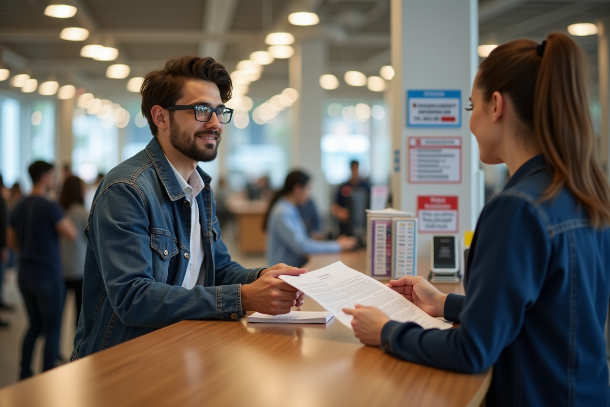 Jeune homme remettant un formulaire à un agent d