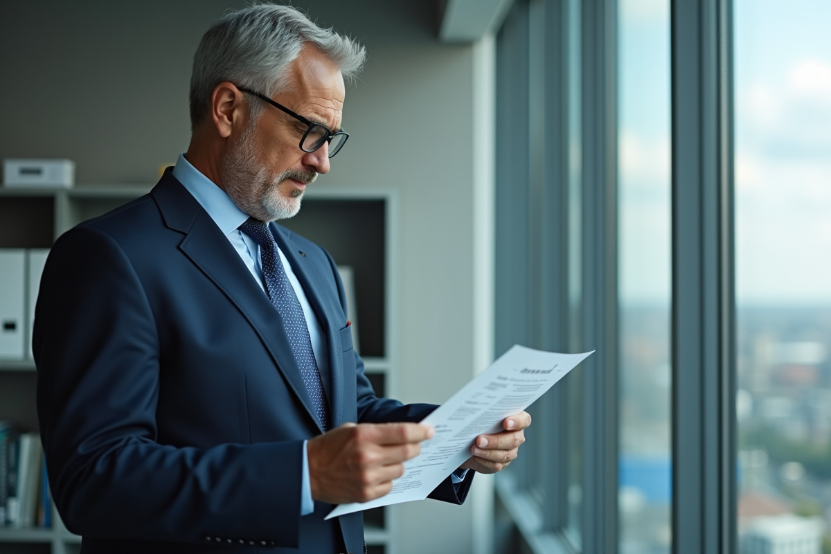 Homme en costume examine un CV dans un bureau moderne