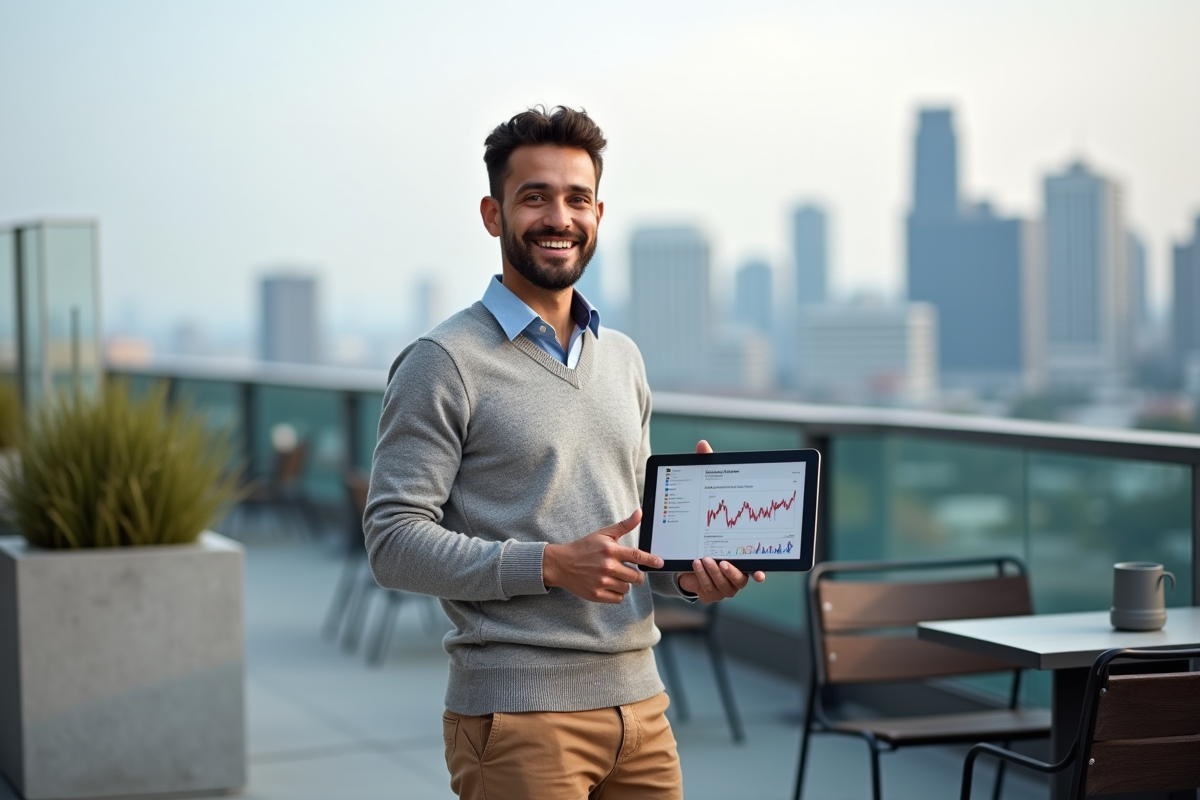 Homme sur terrasse avec tableau de bord social media