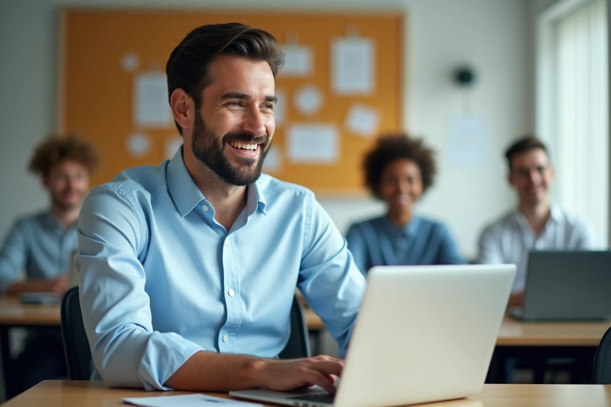 Homme souriant dans une salle de formation lumineuse
