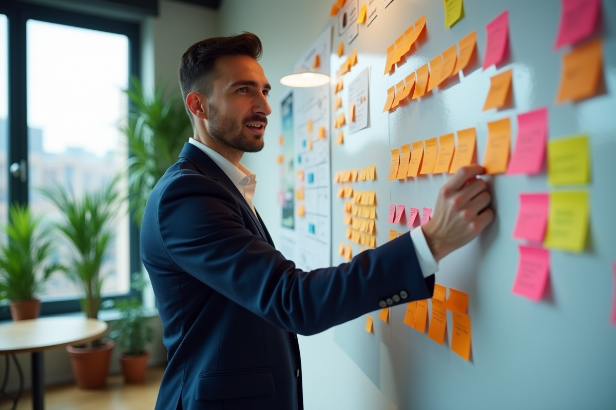 Jeune homme expliquant stratégie devant tableau de notes