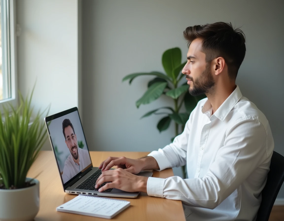 Homme en télétravail utilisant Tandem pour un échange linguistique en visioconférence, comparant les options gratuites et payantes de l'application