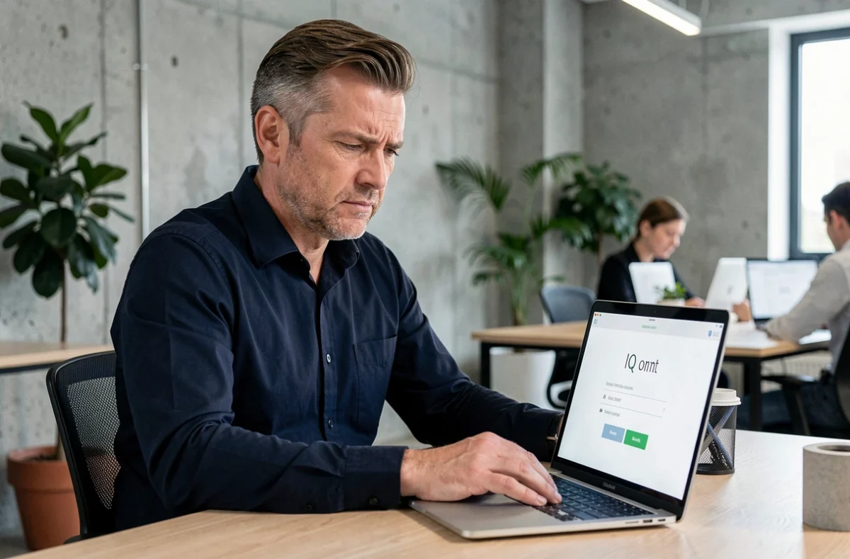 Homme d'âge moyen passant un test de QI en ligne sur un ordinateur portable dans un espace de coworking moderne