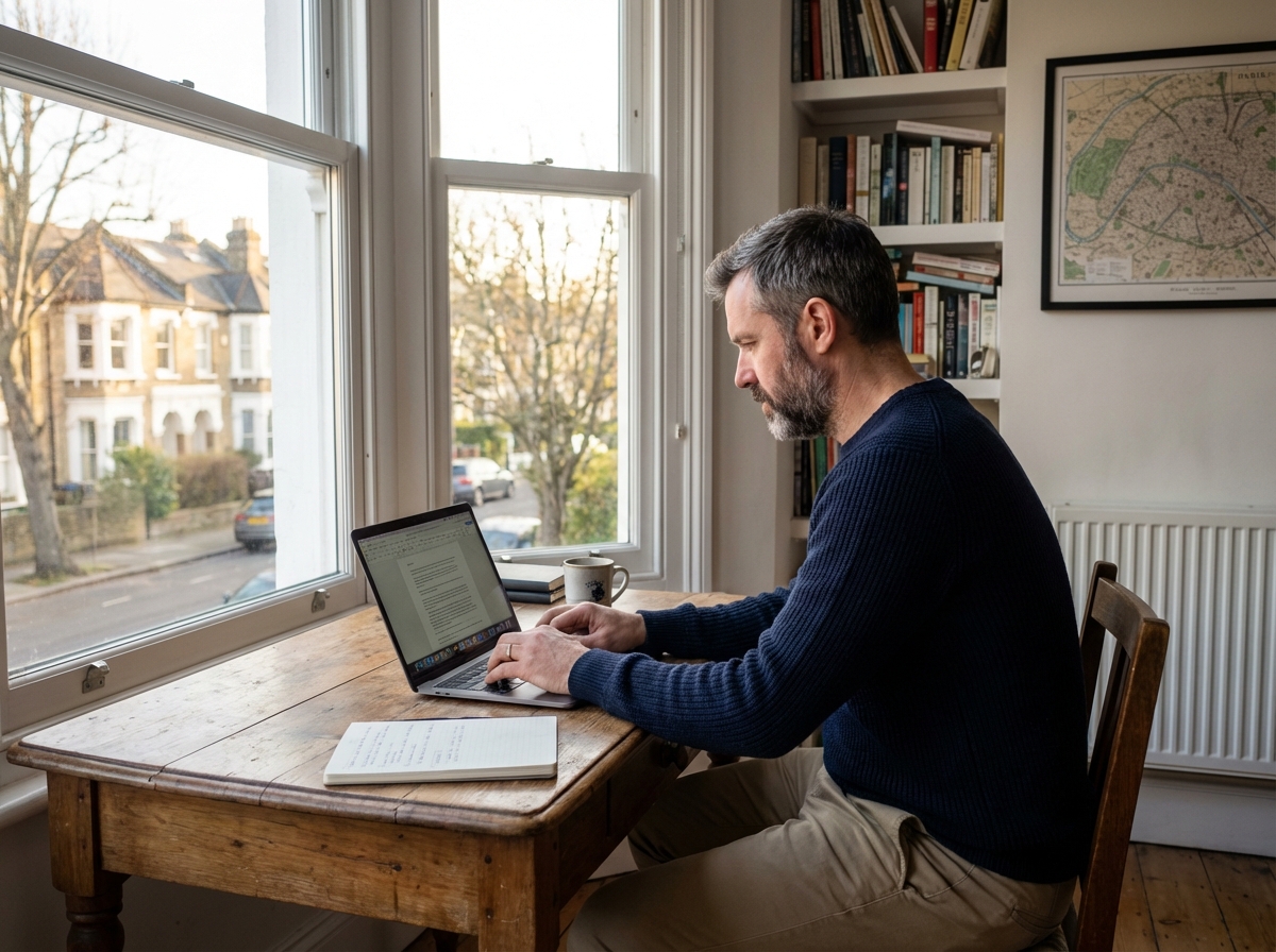 Homme concentr&eacute; travaillant sur son ordinateur &agrave; la maison