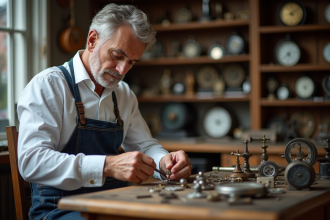 Horloger homme en atelier avec montres anciennes