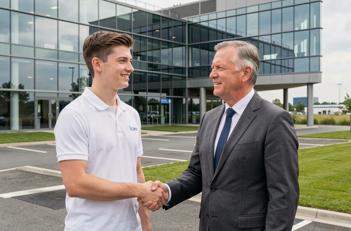Étudiant de l'Icam Grand Paris Sud serrant la main d'un professionnel industriel devant le campus moderne en Val-de-Marne
