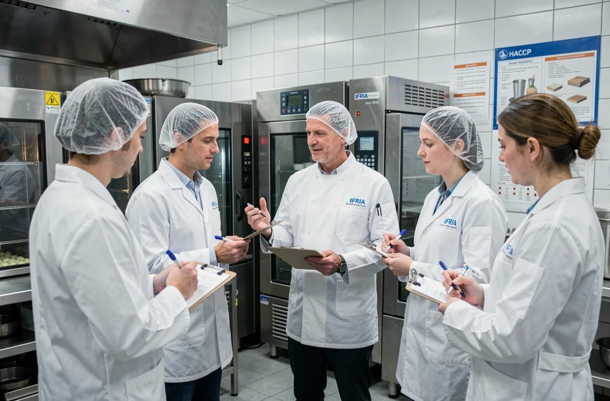 Formateur de l'IFRIA Nouvelle-Aquitaine animant une démonstration de sécurité alimentaire dans une cuisine professionnelle