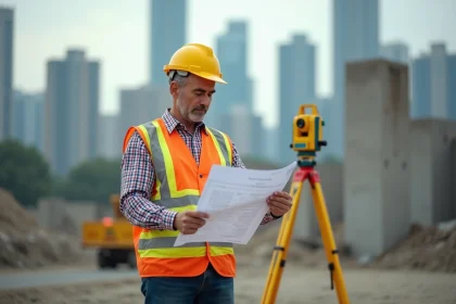 Ing&eacute;nieur en vestiaire r&eacute;fl&eacute;chissant sur plans de construction